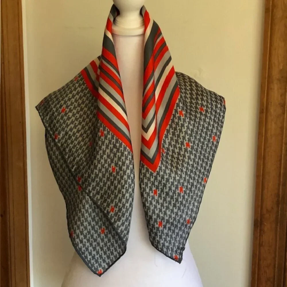 ECHO Silk Gray Red Square Scarf Vintage